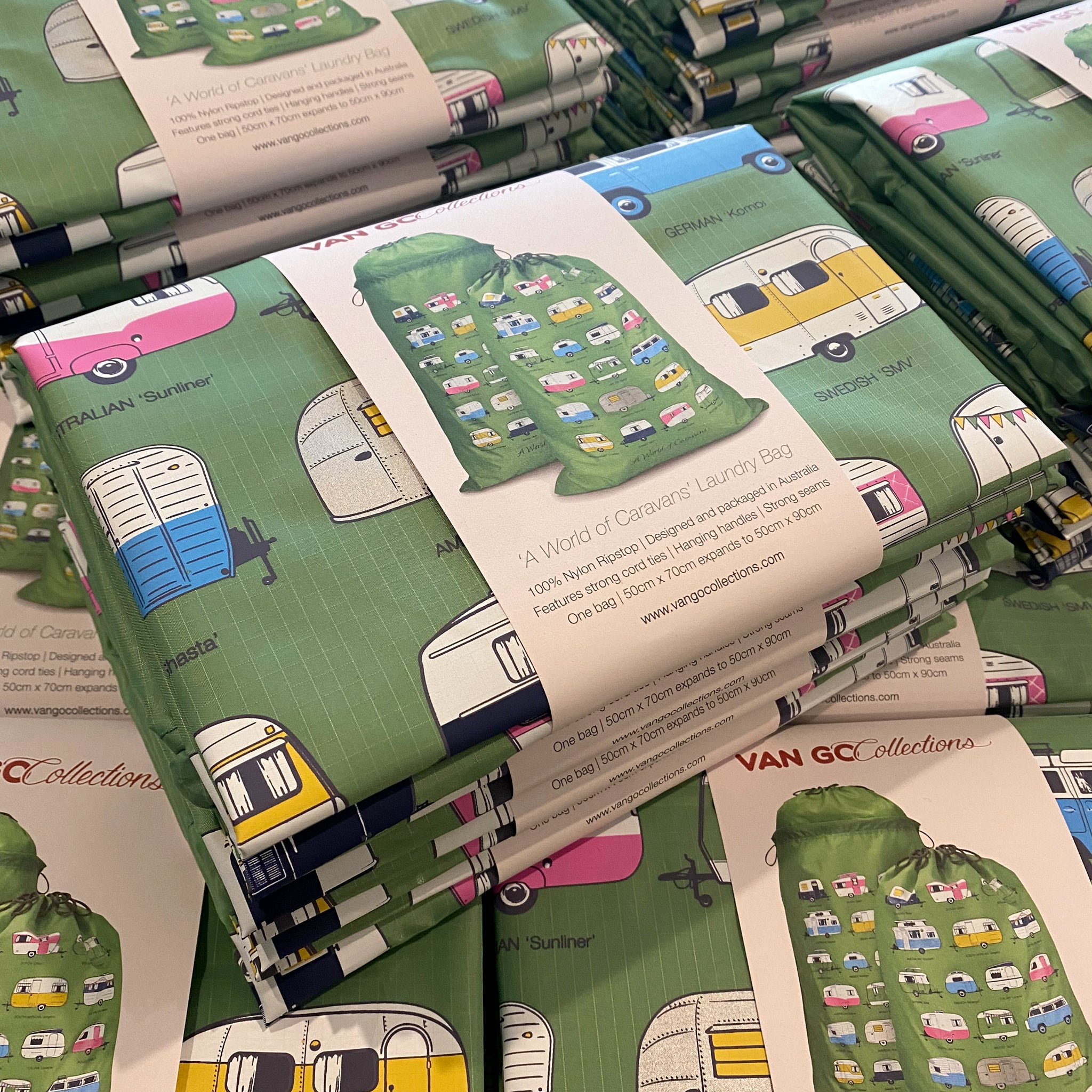 Caravan and travel laundry bags in four colour stories by Van Go Collections