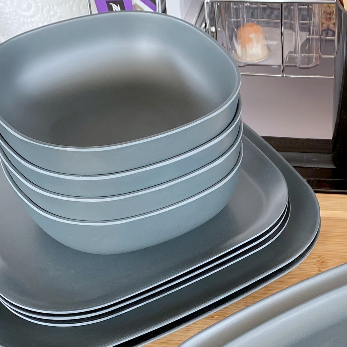 bamboo bowls plates 22cm and 26cm, sets of 4, in midnight grey, stacked closeup