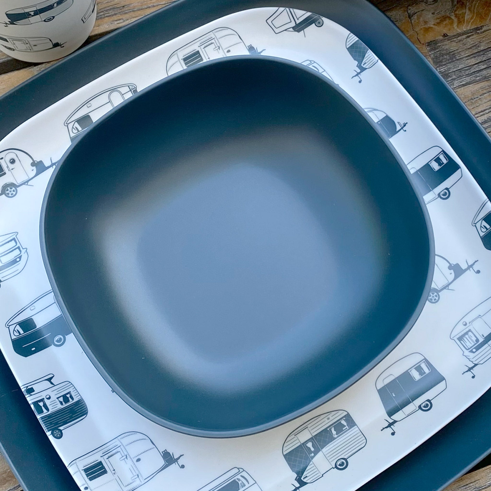 Van Go Caravan and camping 8 piece bamboo dinnerware set - grey caravan printed plate and grey camping bowl closeup