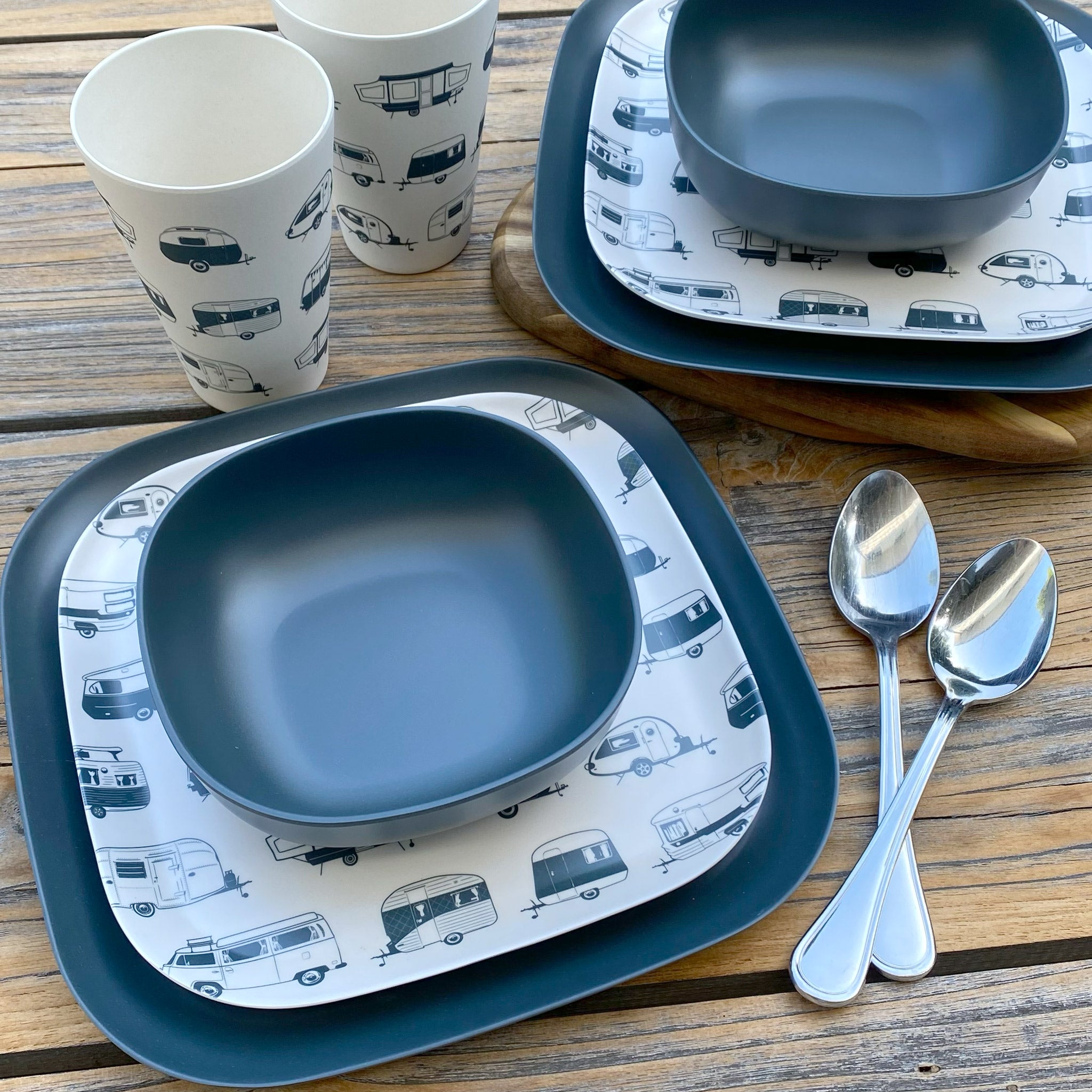 Van Go Caravan and camping 8 piece bamboo dinnerware set - grey caravan printed plate and caravan tumbler plus grey accents