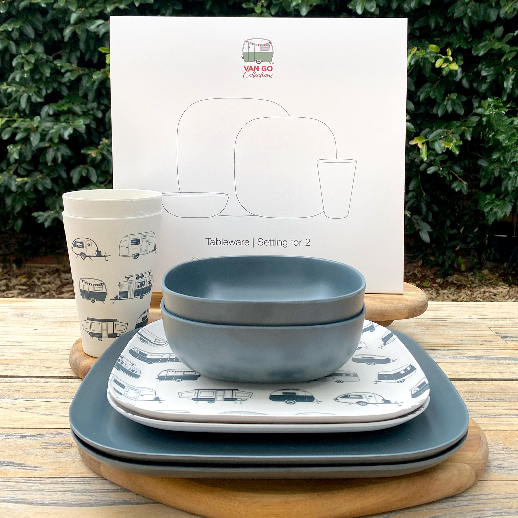 Van Go Caravan and camping 8 piece bamboo dinnerware set - grey caravan printed plate and caravan tumbler with gift box