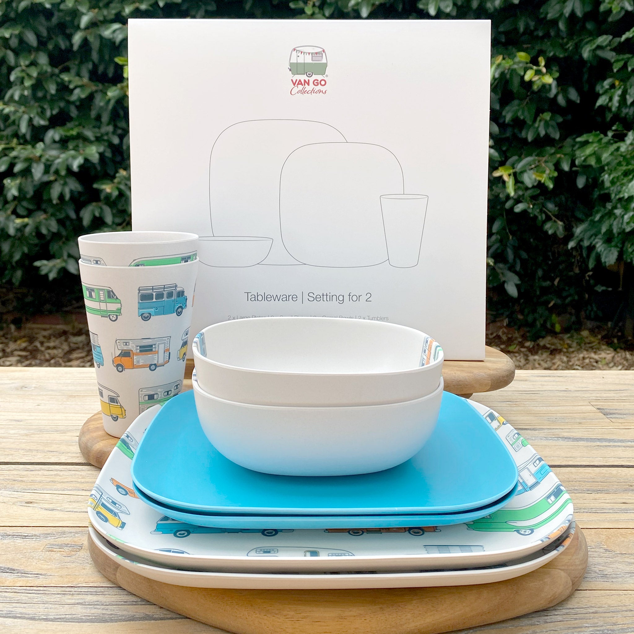 Van Go Camper 8 piece bamboo dinnerware set - camping plate, bowl and tumblers plus pale blue plate s stacked with gift box