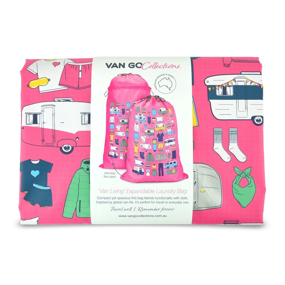 folded vintage pink camping laundry bag in Van Go label wrap, packs down to 24 x 17 x 3cm