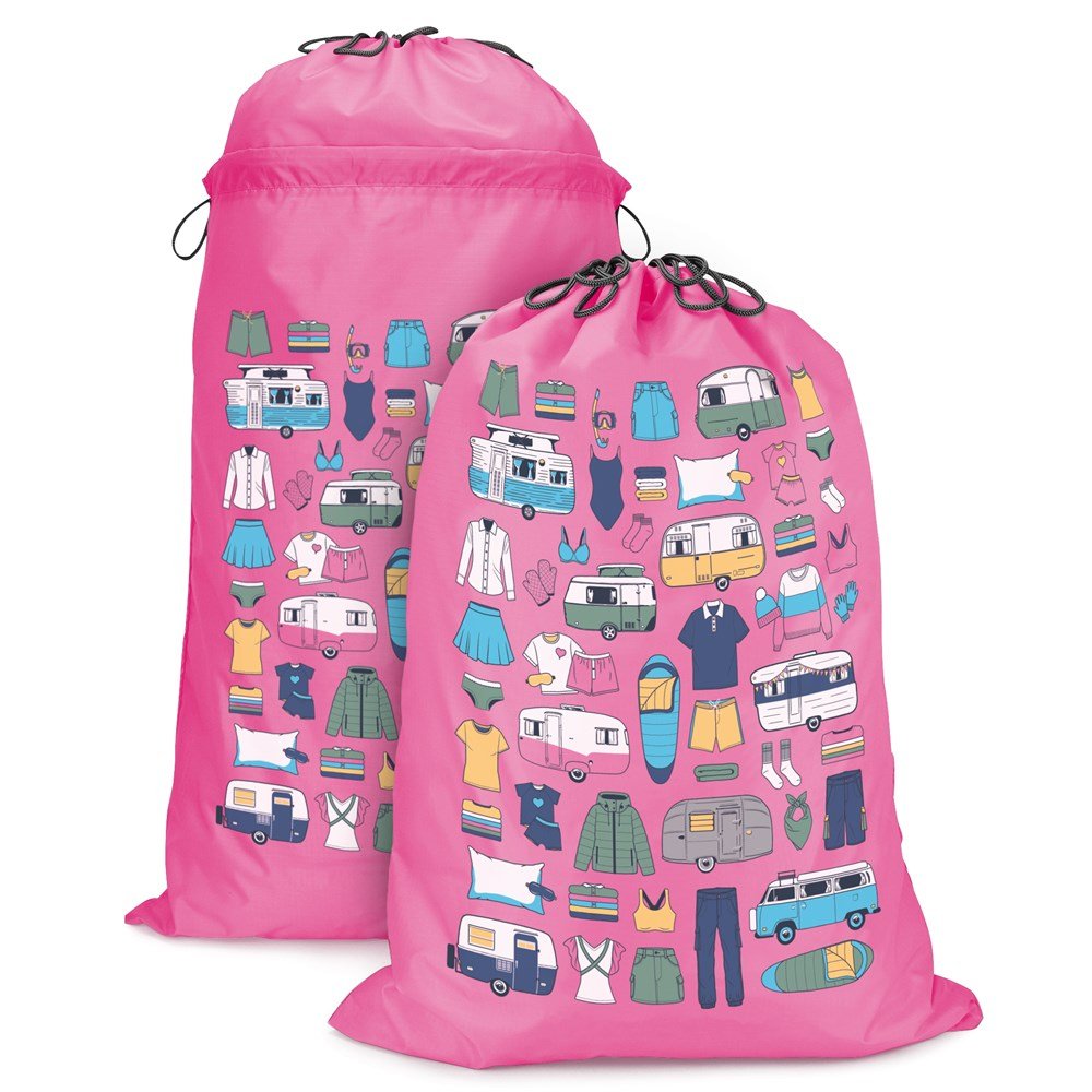 expandable camping laundry bag with handles, van living design in vintage pink