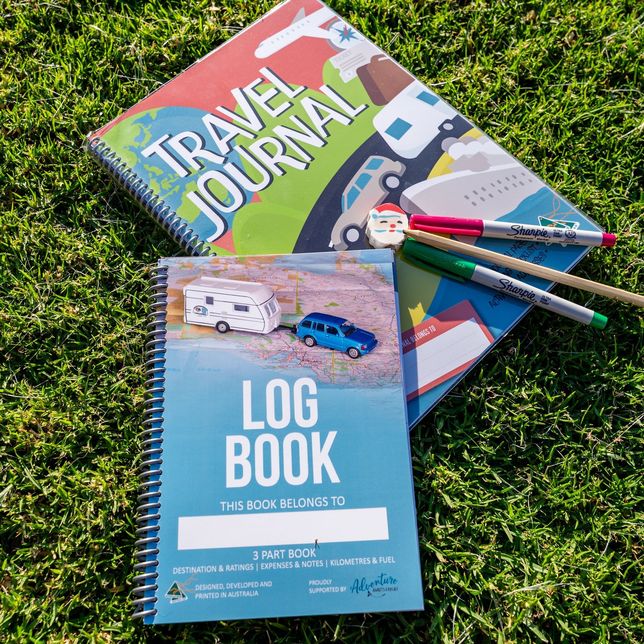 Caravan Camper Log Book, Australian Made camping travel Log Book and childrens' travel journal on grass