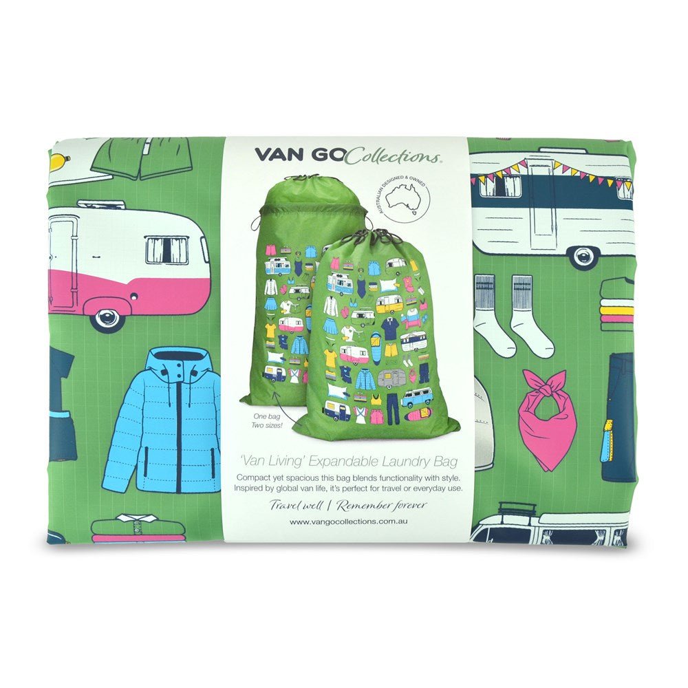 folded classic green caravan laundry bag in Van Go label wrap, packs down to 24 x 17 x 3cm