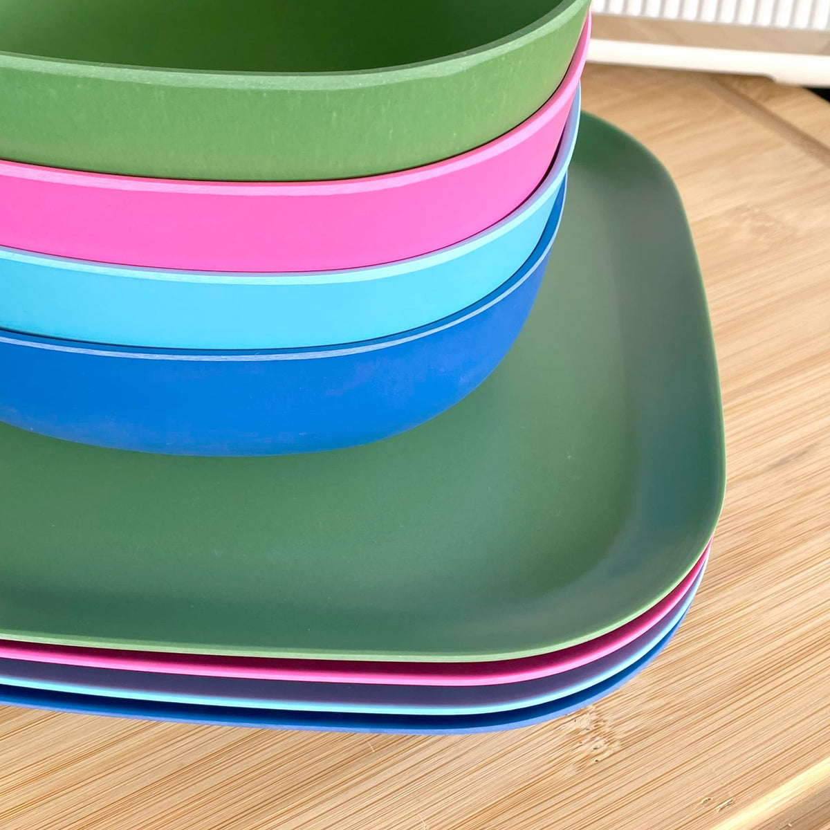 4 piece bamboo plate set 22cm and bowl set, coastal mix in classic green, vintage pink, pale blue and sea blue, stacked