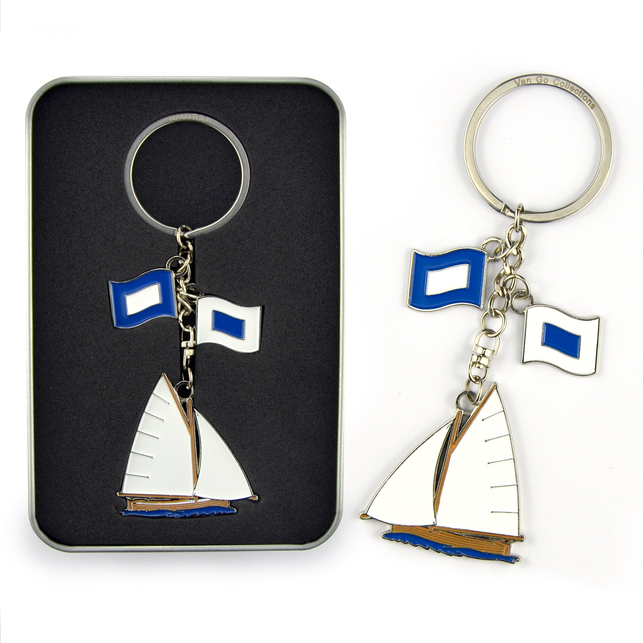 Two Van Go Collections NautiGo Keyrings, one in a metallic case and the other displayed beside the case
