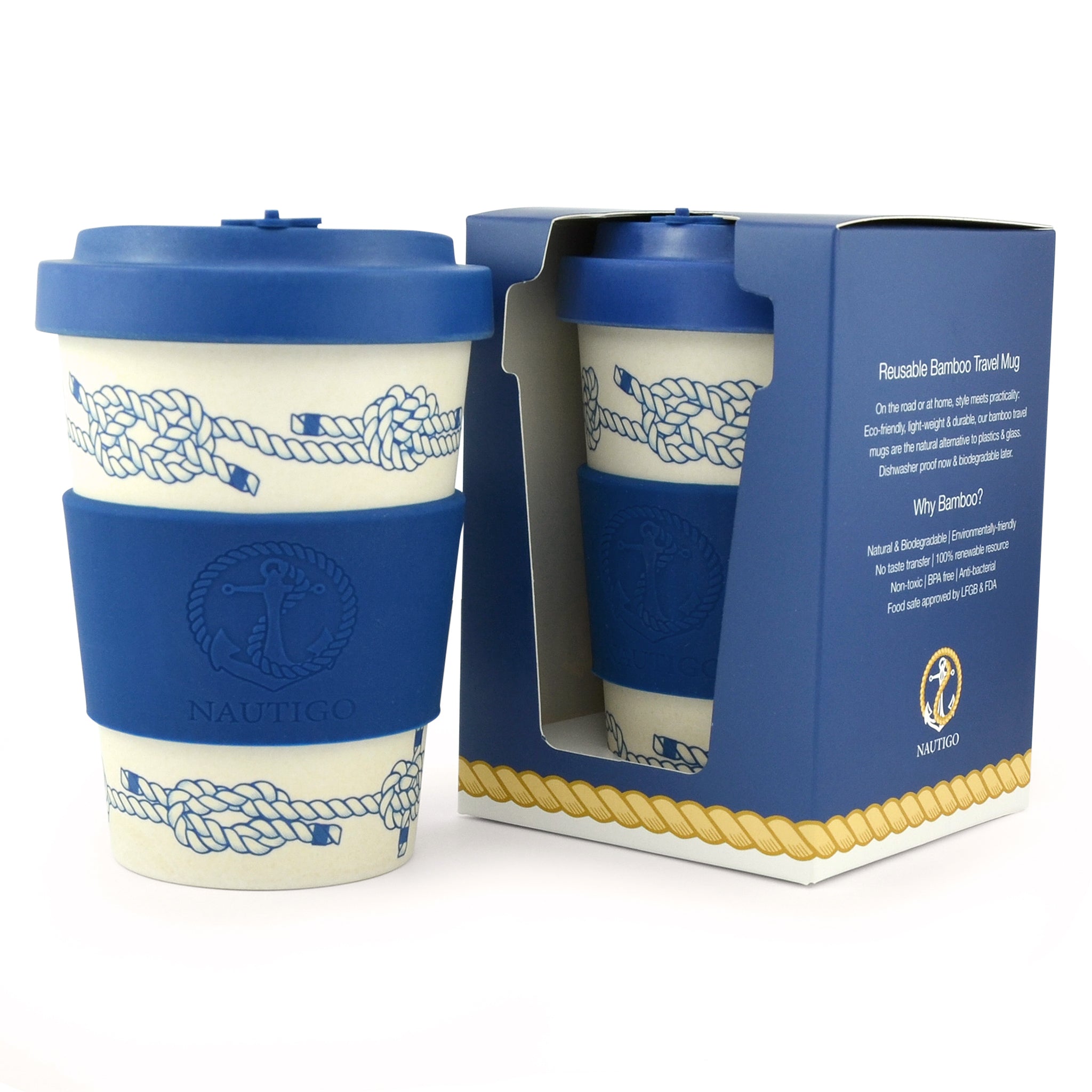A Blue Van Go Collections NautiGo Bamboo Travel Mug with rope knot design in a blue box with a description