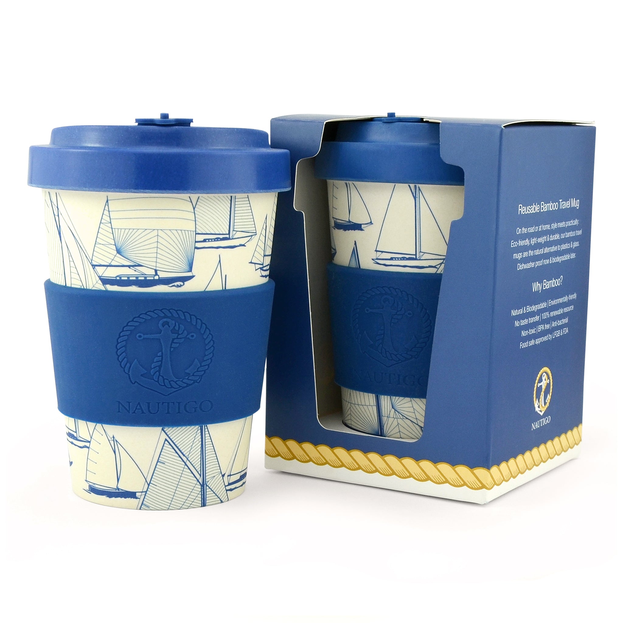 A Blue Van Go Collections NautiGo Bamboo Travel Mug in a blue box with description