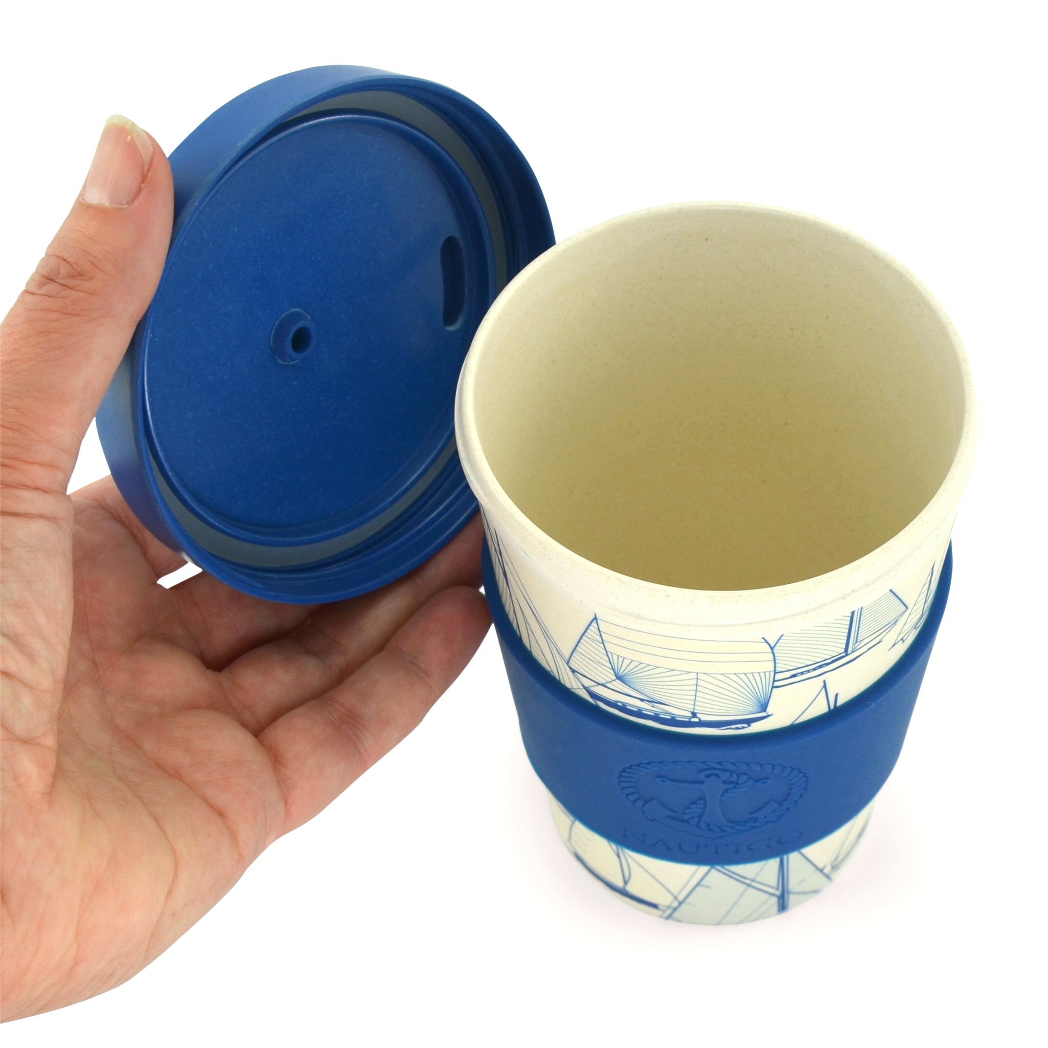 A Blue Van Go Collections NautiGo Bamboo Travel Mug with twist top bamboo lid