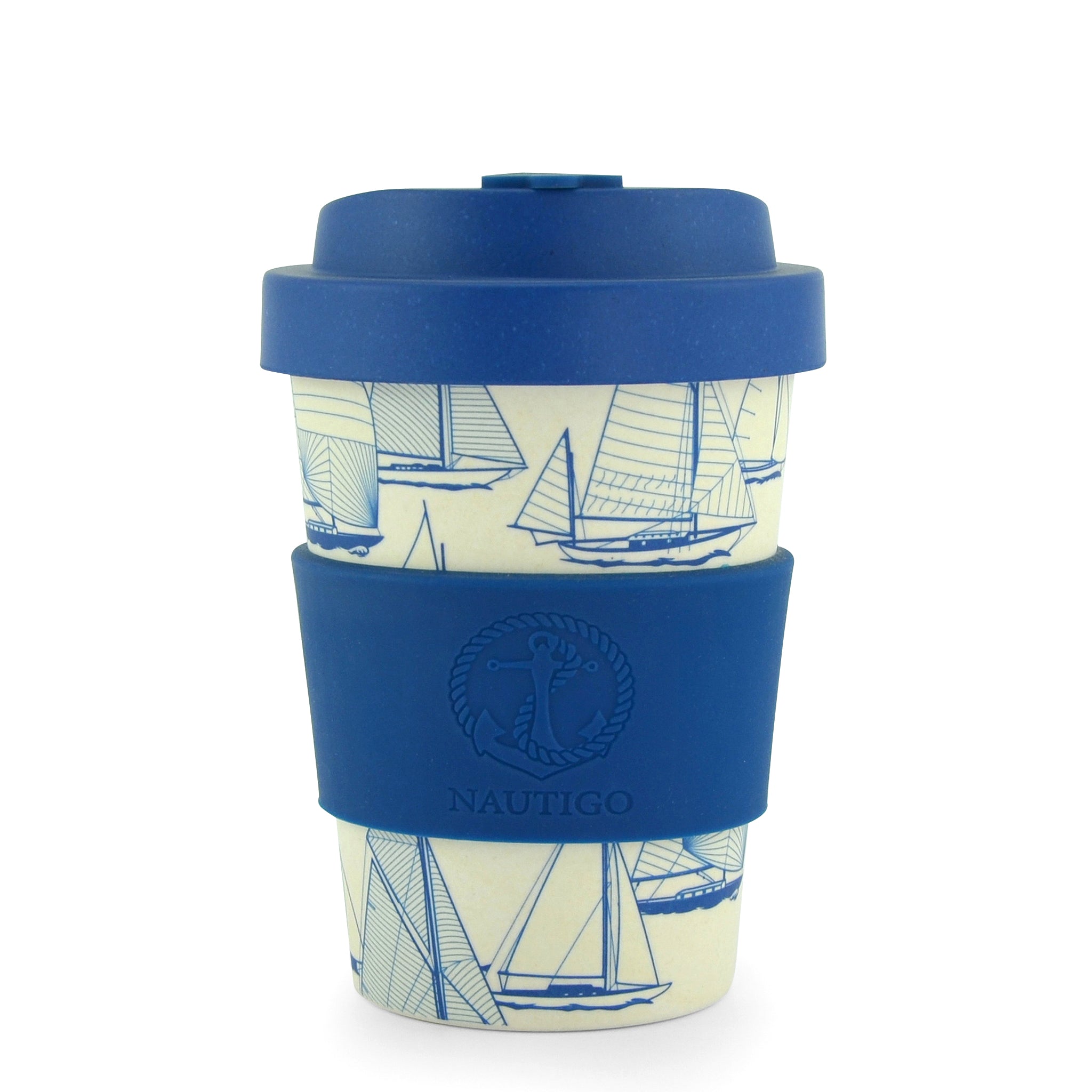 Close up of a NautiGo Bamboo Sail Away Travel Mug with twist top lid