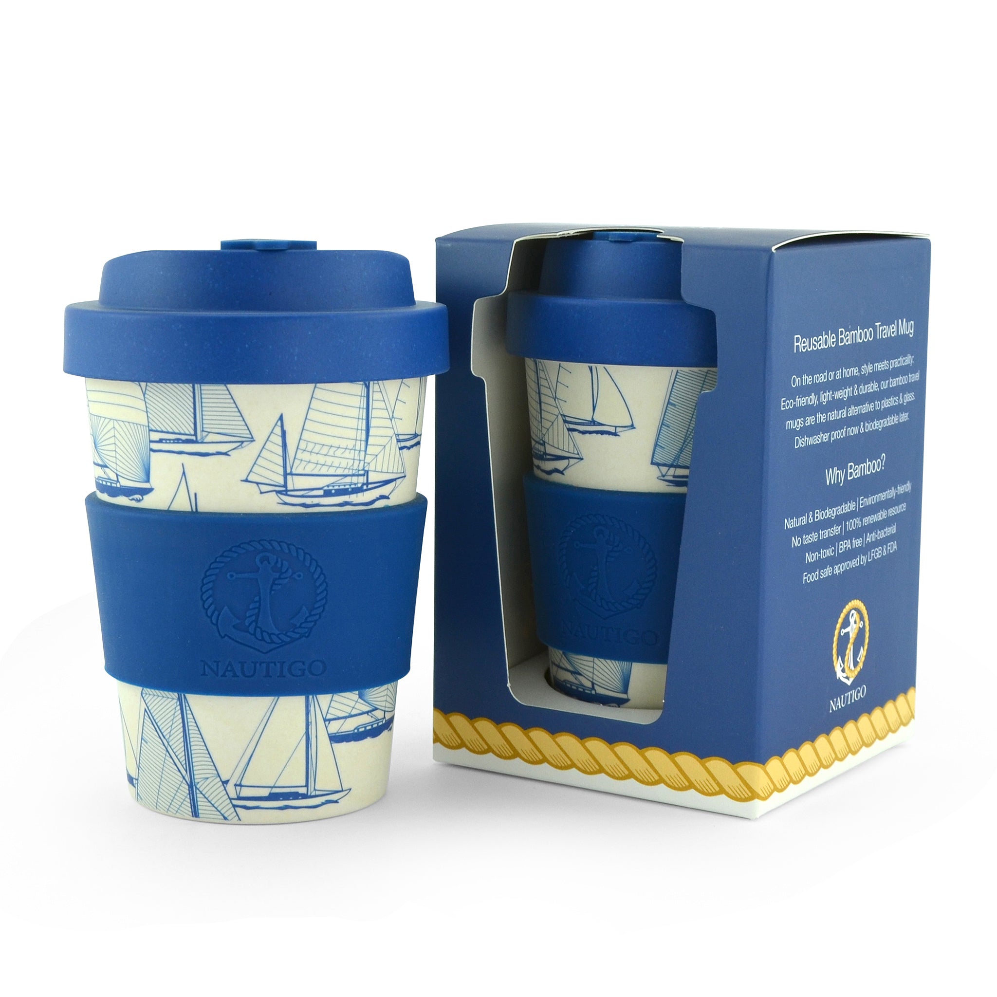 NautiGo Bamboo Sail Away Travel Mug in blue gift box with description