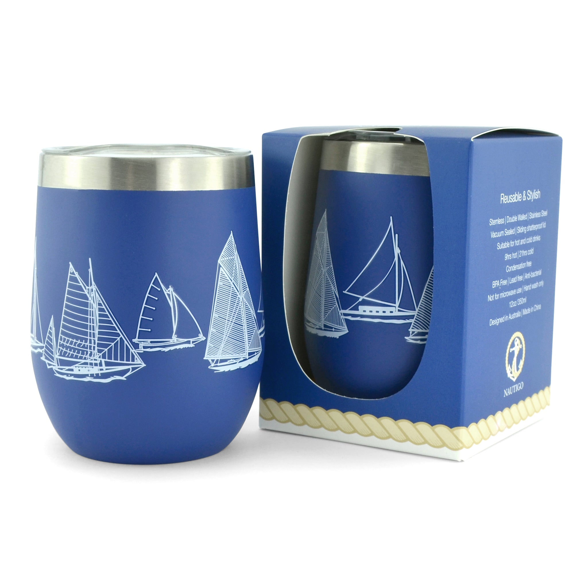 A Blue Van Go Collections NautiGo Insulated Wine Cup in a blue box with description