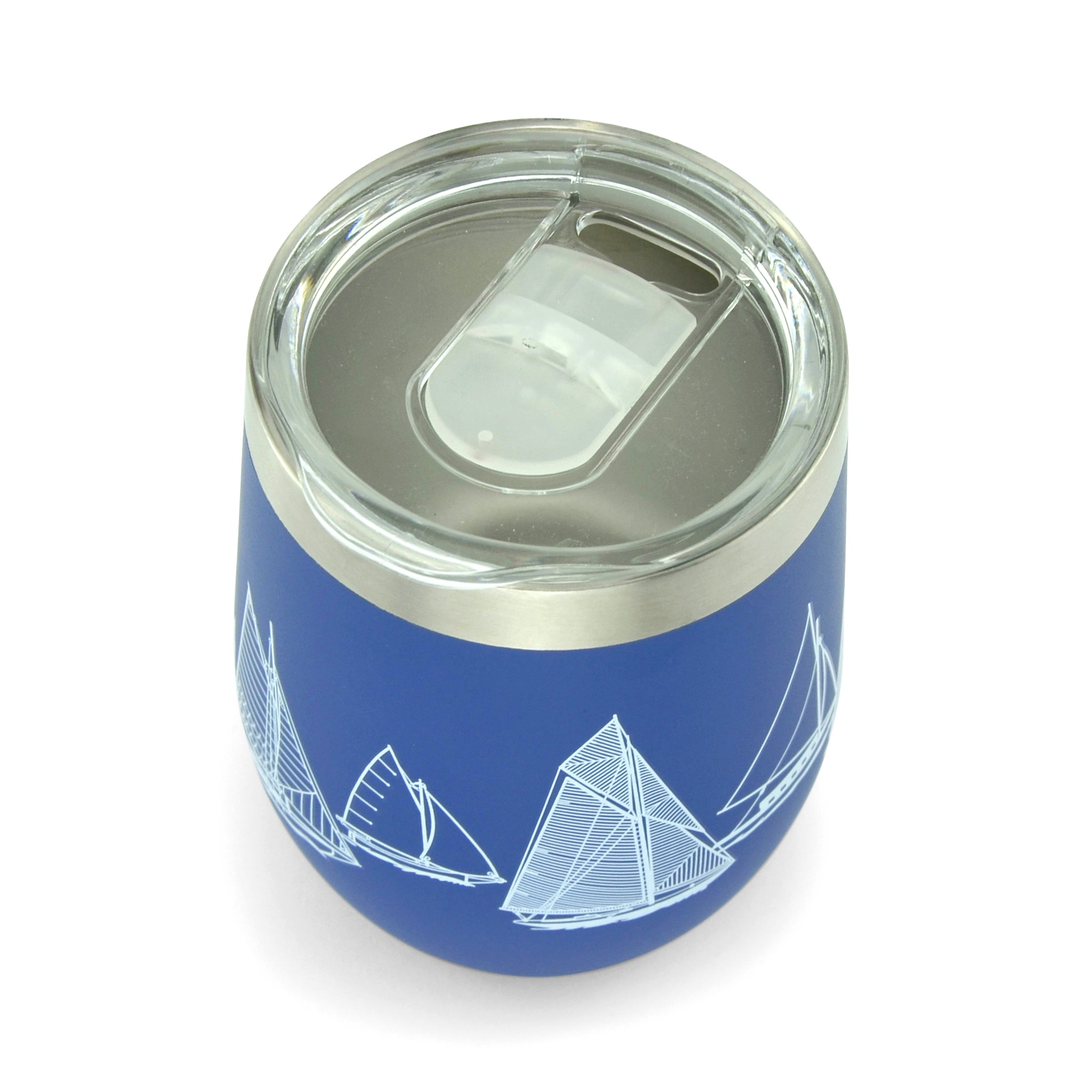 A Blue Van Go Collections NautiGo Insulated Wine Cup interior with lid on.