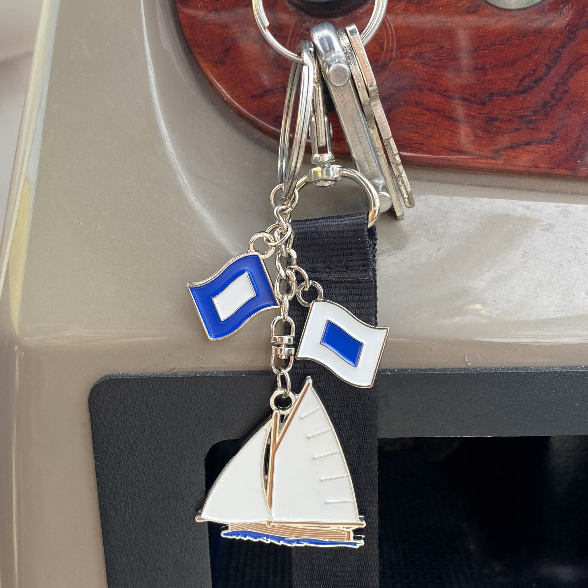 Van Go Collections NautiGo Keyring attached to keychain in the ingnition of a boat