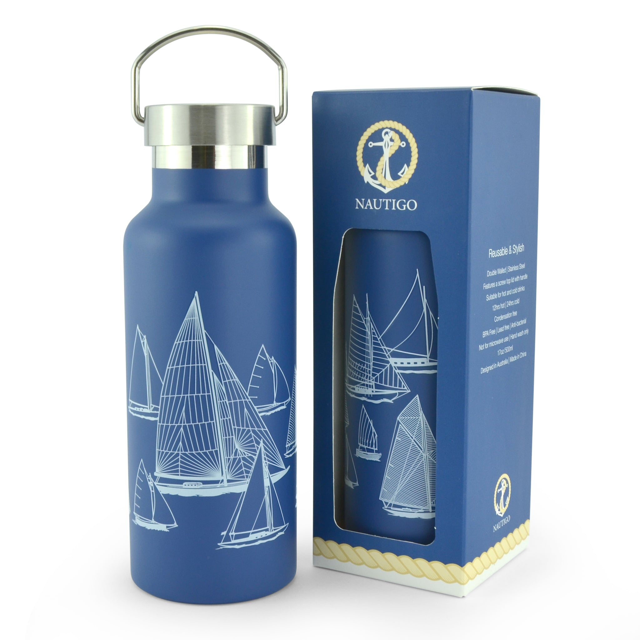NautiGo Double Walled Insulated Water Bottle in blue gift box with description
