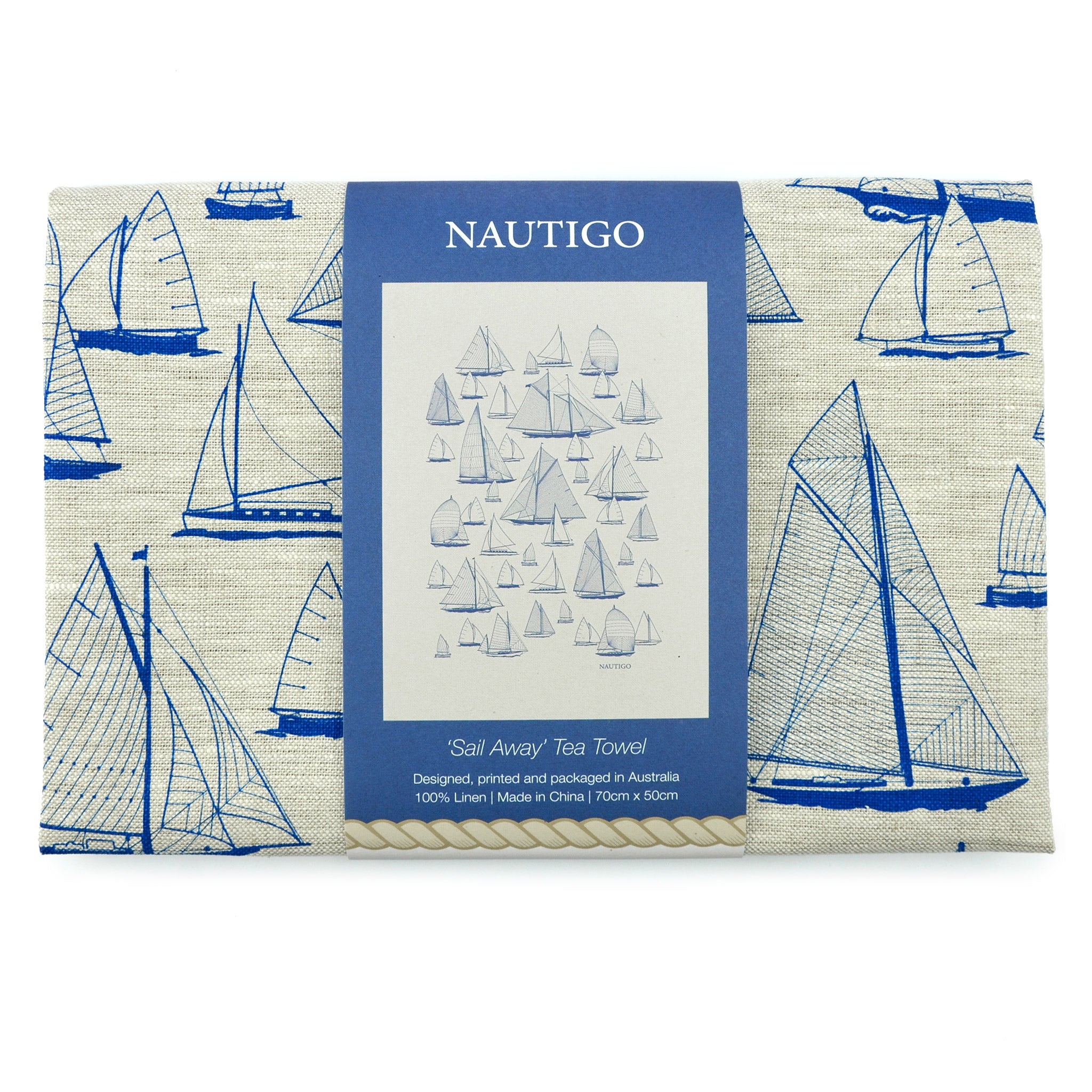 A Van Go Collections NautiGo linen tea towel with sailing design