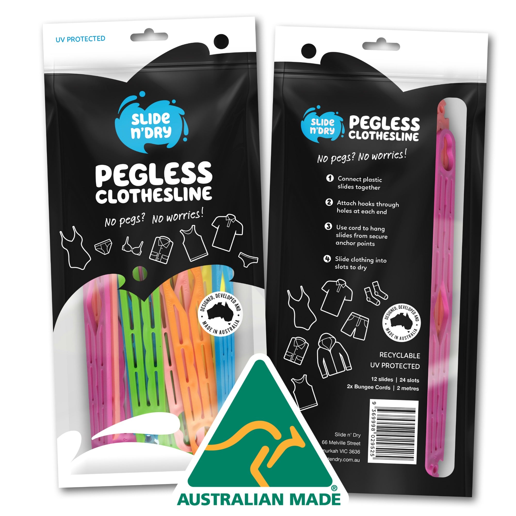 Slide n' Dry pegless clothesline pack front and back of packaging