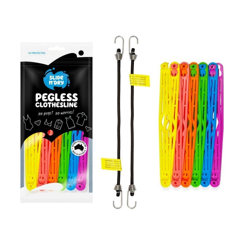 Slide n' Dry pegless clothesline pack contents - 12 rainbow slides and 2 bungee cords with stainless steel hooks