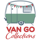 Van Go Collections Logo - Illustration of a white and green caravan with bunting flags