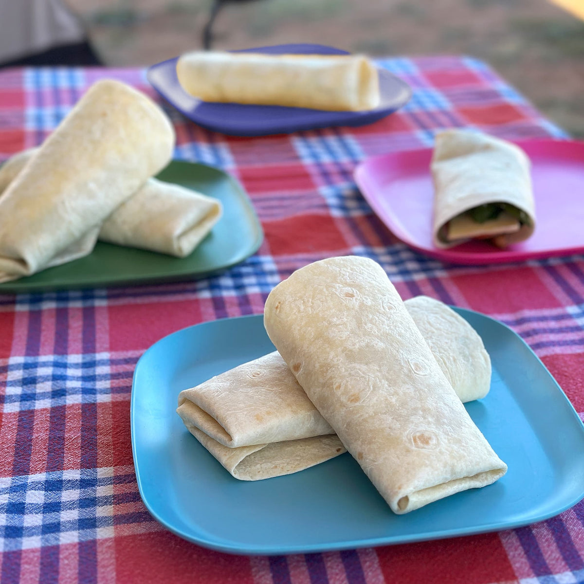 4 piece bamboo plate set 22cm, coastal mix in classic green, vintage pink, pale blue and sea blue, with wraps on camp table