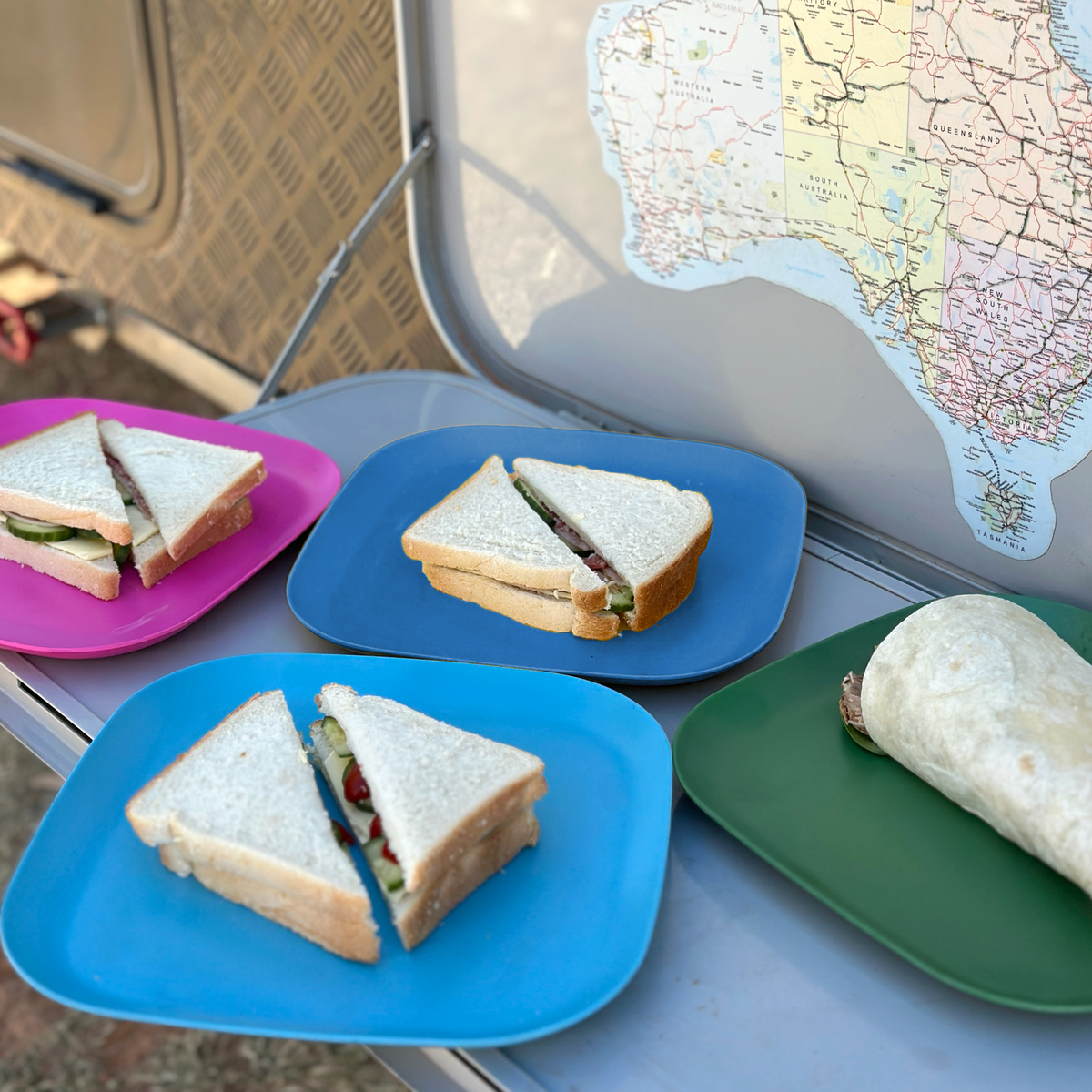 4 piece bamboo plate set 22cm, coastal mix in classic green, vintage pink, pale blue and sea blue, with sandwiches