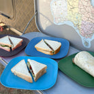 4 piece bamboo plate set 22cm, high country mix in classic green, midnight grey, pale blue and sea blue, with sandwiches