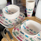 4 piece bamboo cereal bowl set, 22cm plate set and 26cm plate set in iconic collection, stacked and flat
