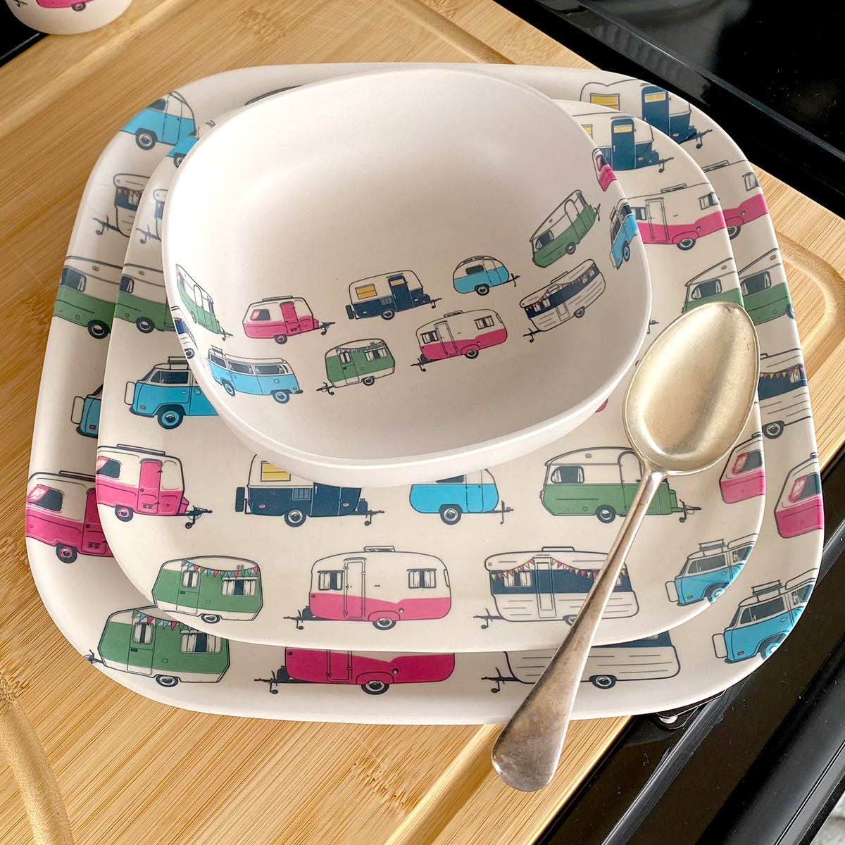 bamboo cereal bowl, 22cm and 26cm plates, iconic collection, stacked with spoon