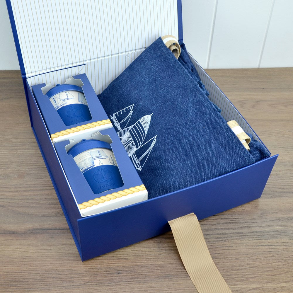 Van Go Collections 2 NautiGo Bamboo Travel Mugs and a Beach Bag in a blue gift box with striped lining and grosgrain ribbon.