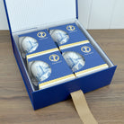 Van Go Collections 4 NautiGo China Ceramic Mugs in a blue gift box with striped lining and grosgrain ribbon.