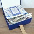 Van Go Collections NautiGo Sail Away Salad Bowl and Servers with matching Linen Tea Towel in a blue gift box with striped lining and grosgrain ribbon.