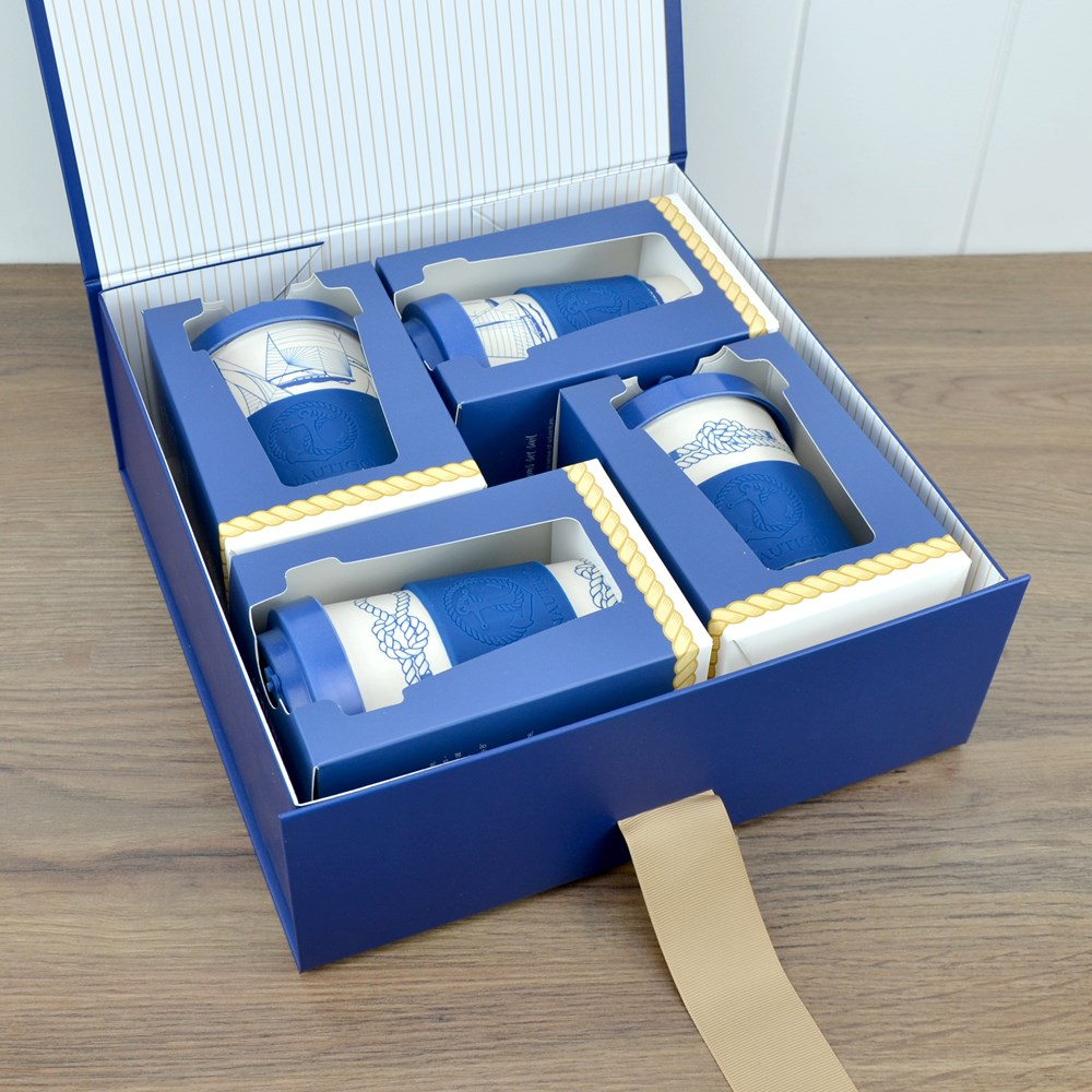 Van Go Collections 2 NautiGo Sail Away Bamboo Travel Mugs and 2 Nautical Knots Bamboo Travel Mugs in a blue gift box with striped lining and grosgrain ribbon.