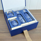 Van Go Collections 2 NautiGo Insulated Wine Cups and 2 Insultaed Water Bottles in a blue gift box with striped lining and grosgrain ribbon.