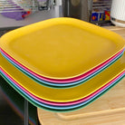 4 piece bamboo 22cm and 26cm plate sets, open road mix in sunshine yellow, classic green, vintage pink and pale blue, stacked