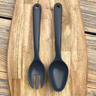 Bamboo salad servers midnight grey on timber board
