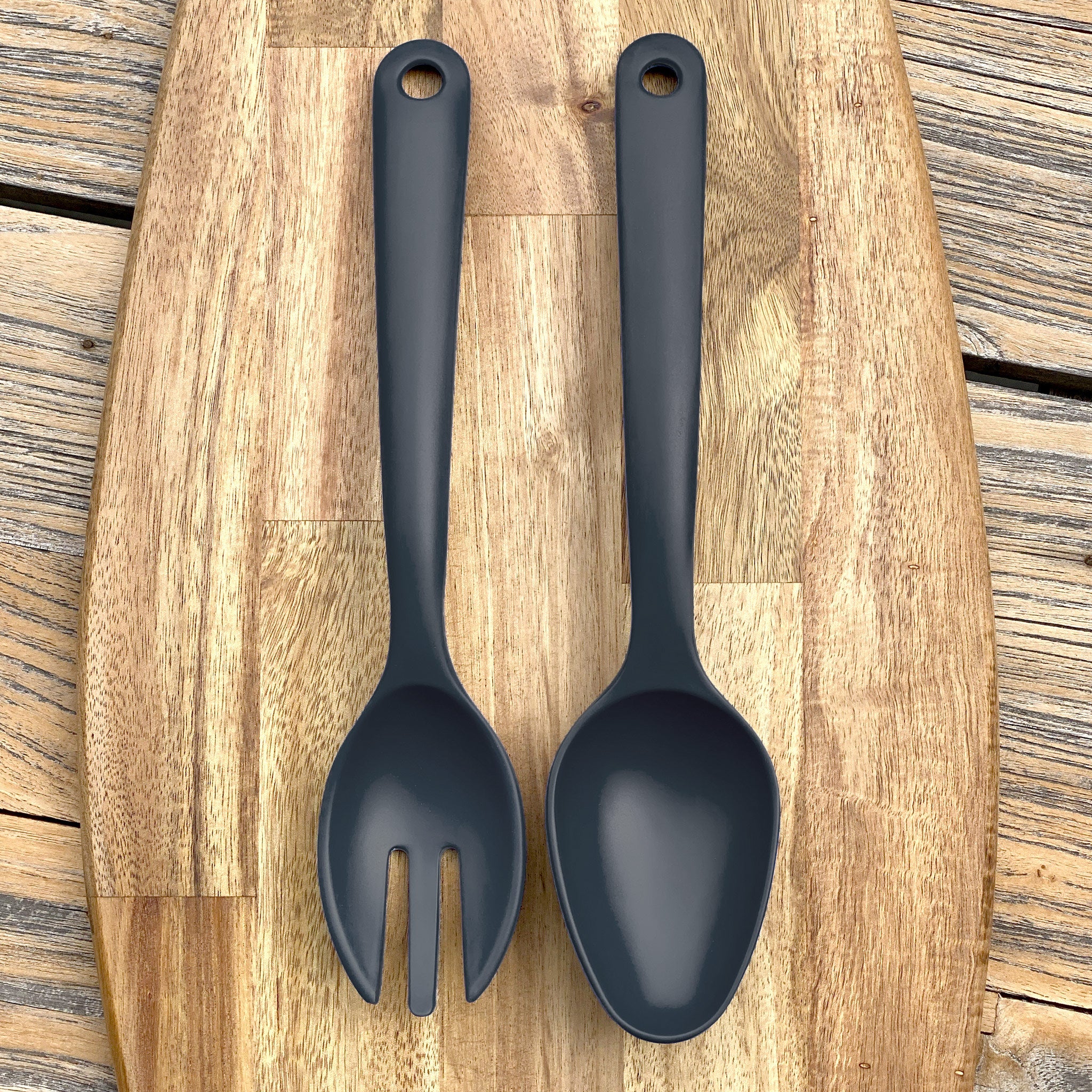 Bamboo salad servers midnight grey on timber board