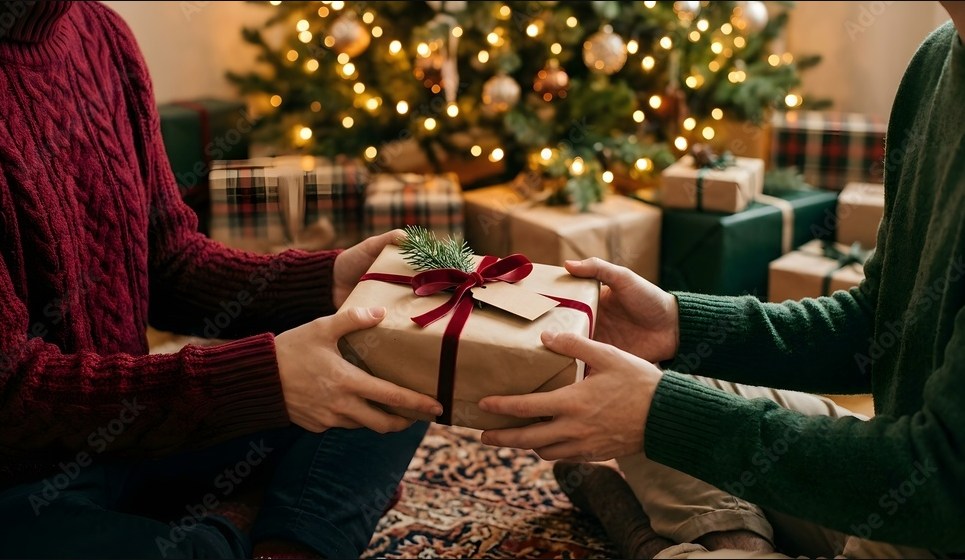 A person in a red knit sweater and another in a green knit sweater pass a wrapped gift box with a red ribbon and pine sprig under a decorated Christmas tree in the background.
