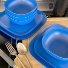 bamboo bowls plates 22cm and 26cm, sets of 4, in sea blue, stacked and flat