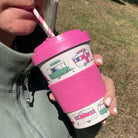 Van Go Bamboo Travel Mug 400ml, iconic caravan design pink BPA free reusable keep cup, drinking from straw in spill proof lid