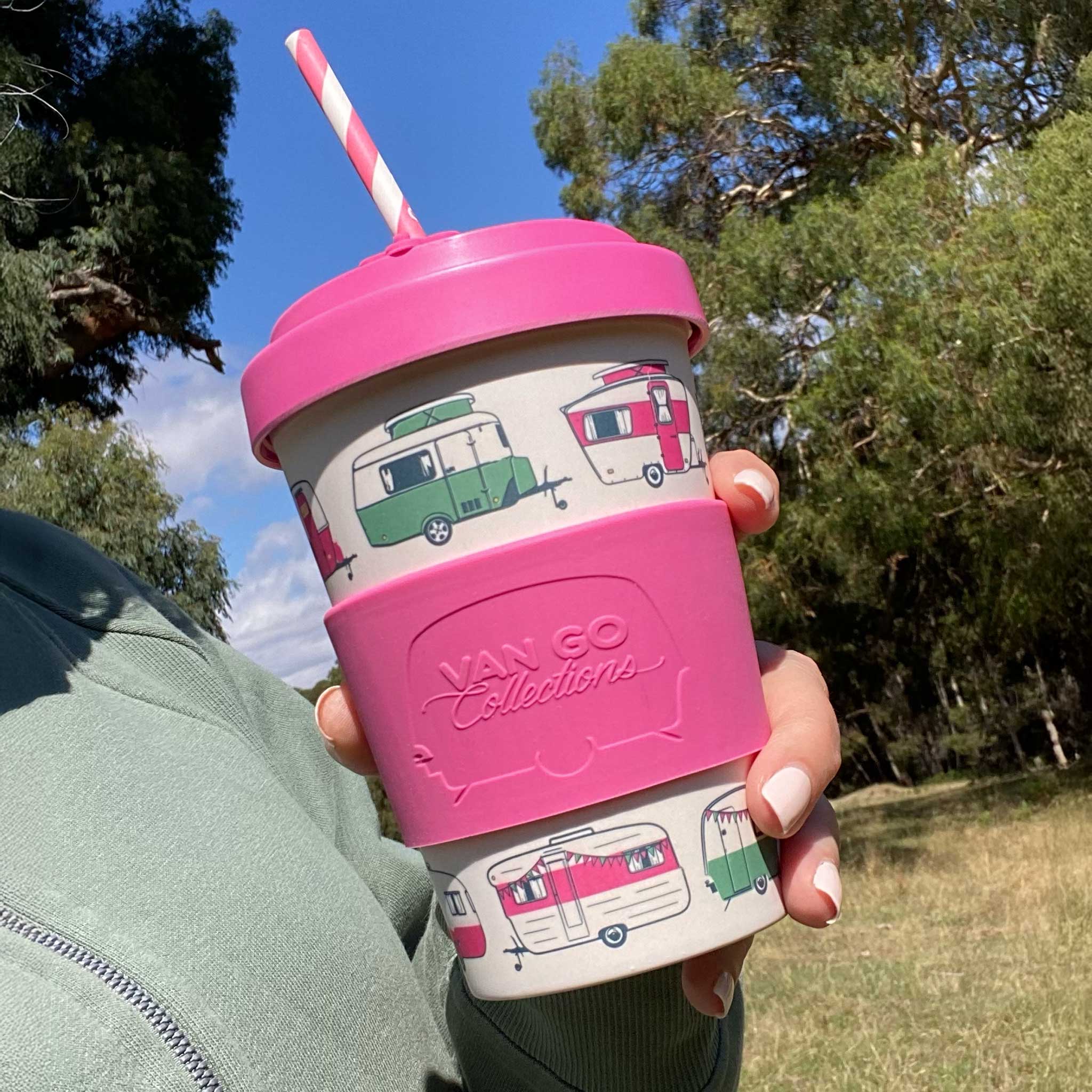 Van Go Bamboo Travel Mug 400ml, iconic caravan design pink BPA free reusable keep cup, straw in spill proof lid held in hand