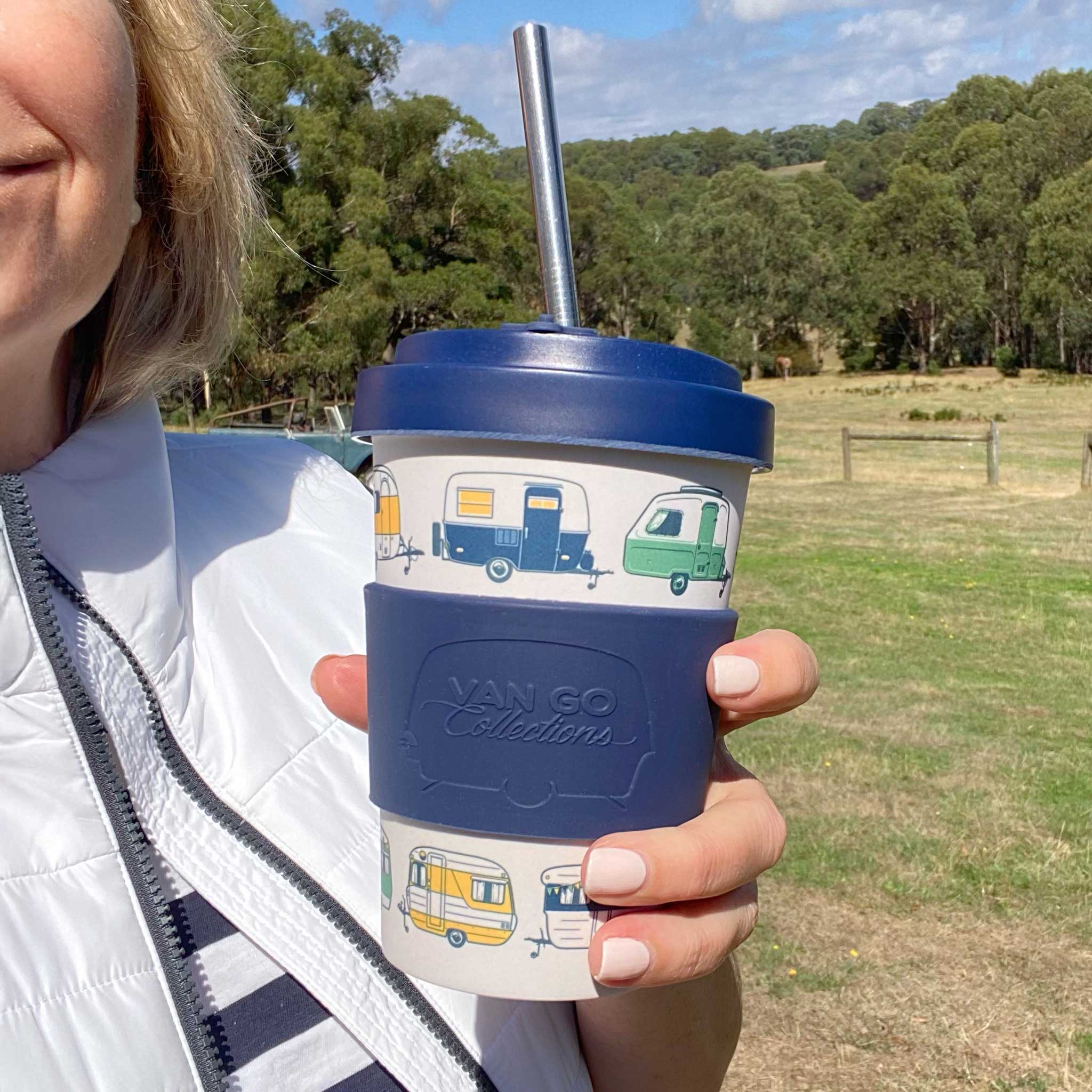 Van Go Bamboo Travel Mug 400ml, iconic caravan design navy blue BPA free reusable keep cup, straw in spill proof lid outside