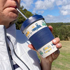 Van Go Bamboo Travel Mug 400ml, iconic caravan design navy blue BPA free reusable keep cup, drinking from straw in lid