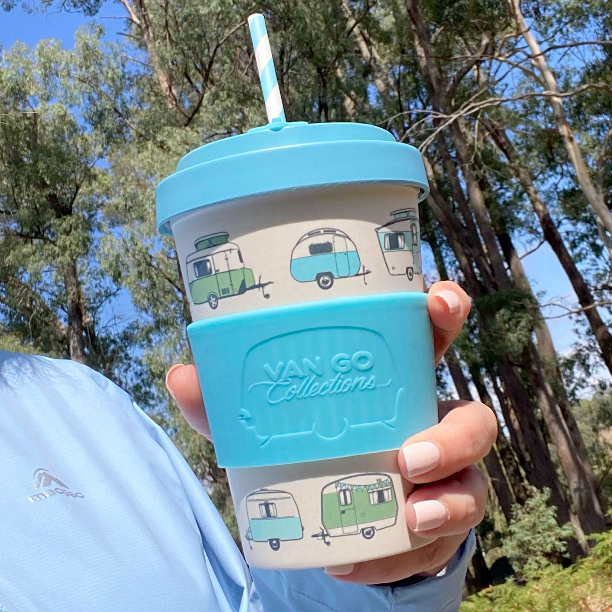 Van Go Bamboo Travel Mug 400ml, iconic caravan design pale blue BPA free reusable keep cup with spill proof lid in hand