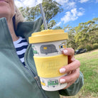 Van Go Bamboo Travel Mug 400ml, iconic caravan design sunshine yellow BPA free reusable keep cup, straw in spill proof lid