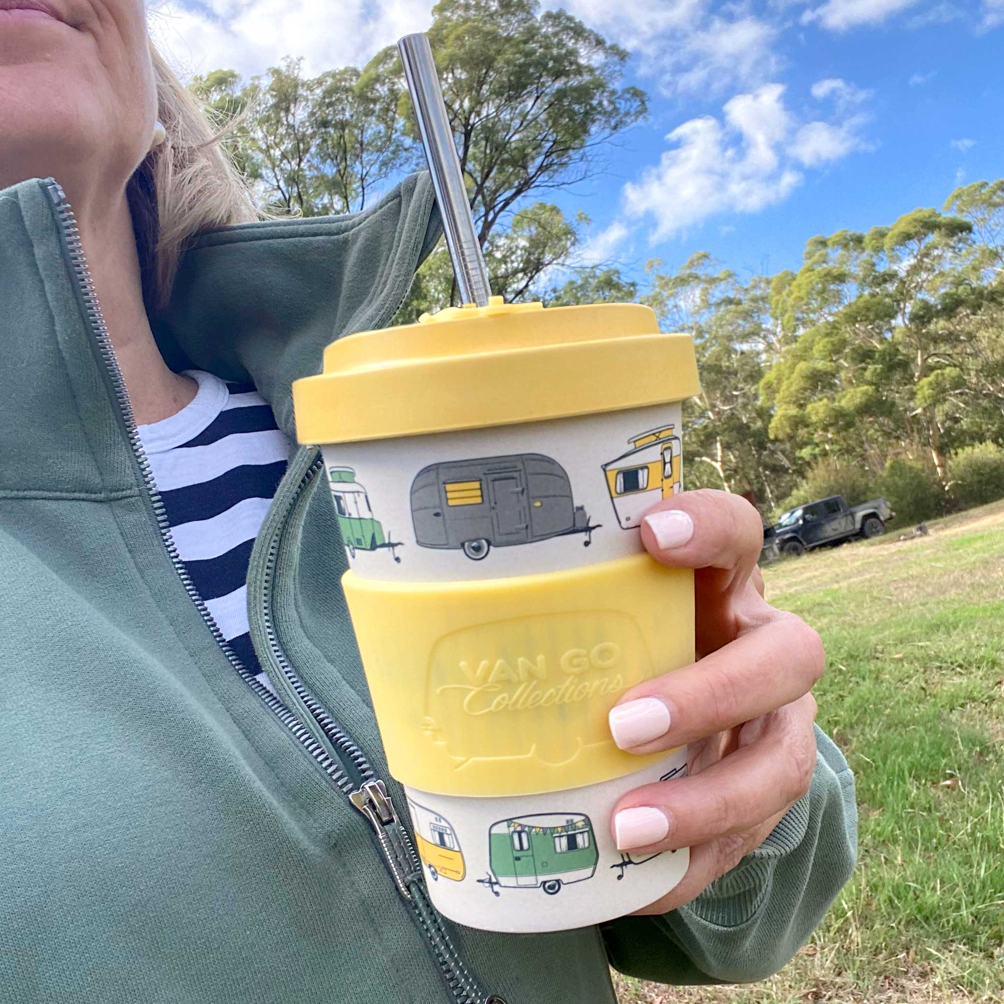 Van Go Bamboo Travel Mug 400ml, iconic caravan design sunshine yellow BPA free reusable keep cup, straw in spill proof lid