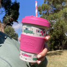 Van Go Bamboo Travel Mug 400ml, iconic caravan design pink BPA free reusable keep cup, straw in spill proof lid outside