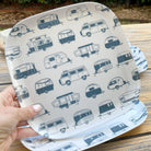 Van Go Caravan and camping 8 piece bamboo dinnerware set in destination collection with midnight grey caravan print including camping plates, bowls and tumblers plus plate closeup on timber table