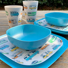 Van Go Camper 8 piece bamboo dinnerware set - motorhome plate and camper tumbler plus pale blue camping bowl and large plate